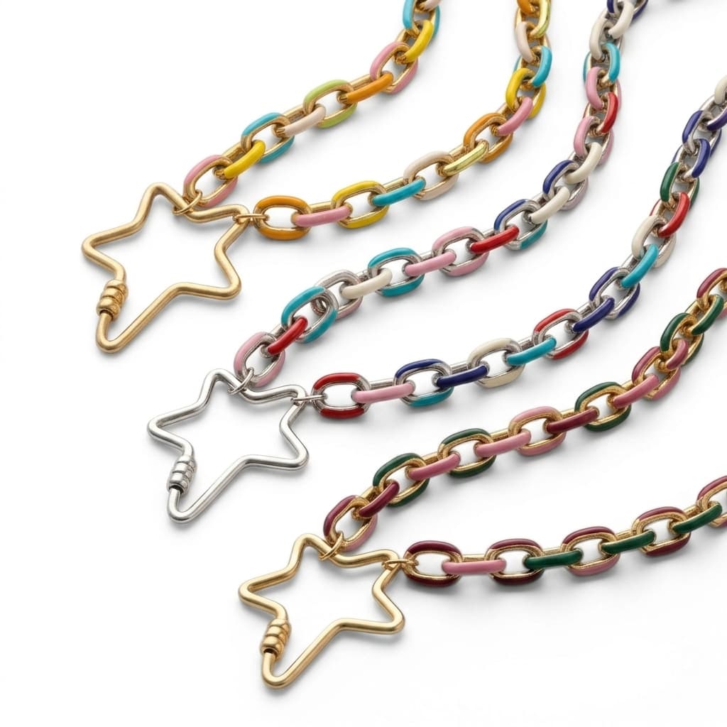 a group of colorful chain necklaces