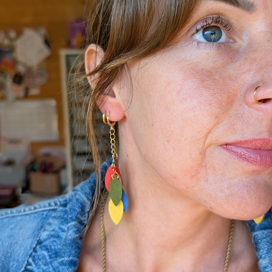a woman wearing a necklace and earrings