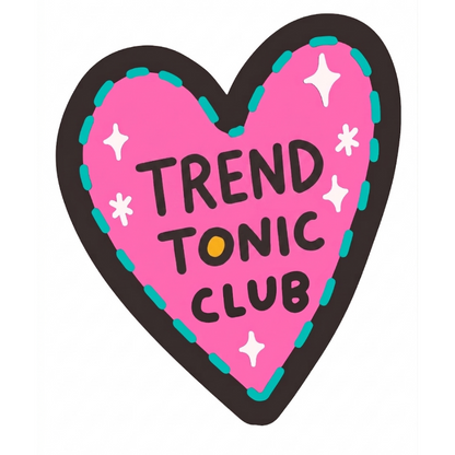a pink heart with black text