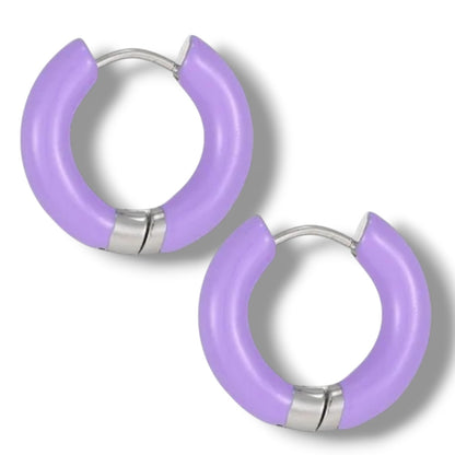 a pair of purple hoop earrings