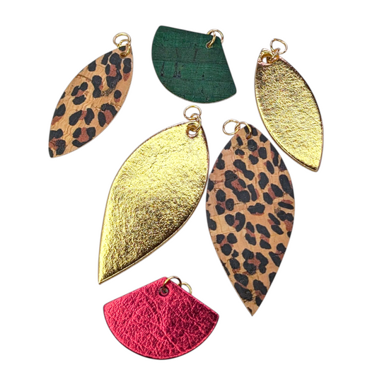 Multi piece gold red leopard and emerald green fan earring charms