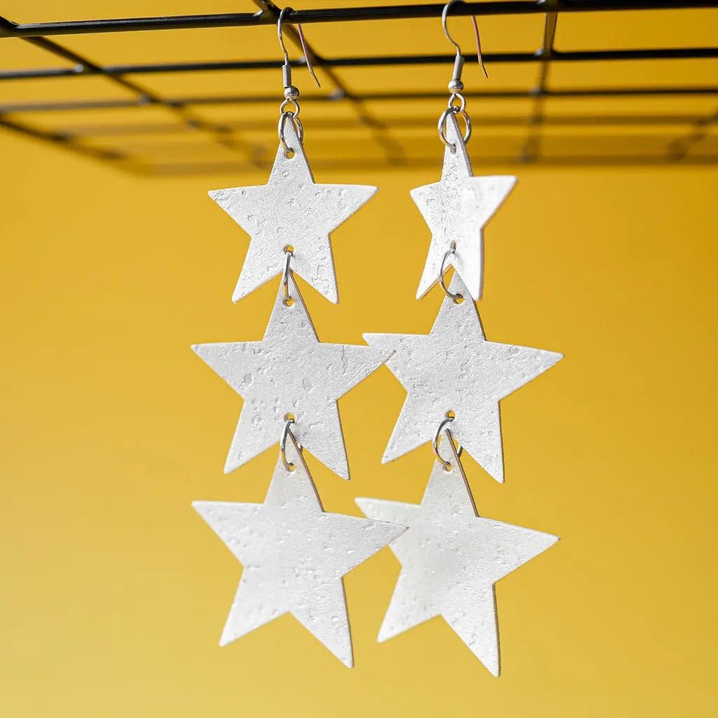 Silver cork triple star statement earrings - Trend Tonic