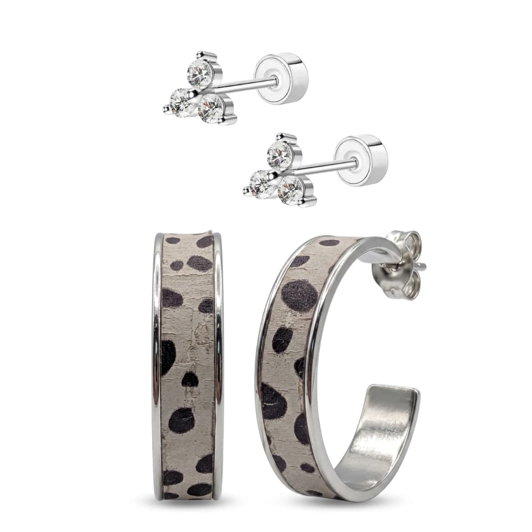 Silver Spotty Cork leather hoop earrings and flat back stud bundle - Trend Tonic