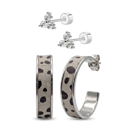 Silver Spotty Cork leather hoop earrings and flat back stud bundle - Trend Tonic