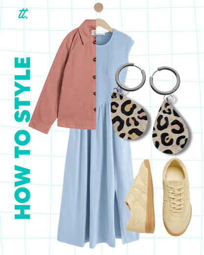 a blue dress and pink jacket with earrings and a pair of shoes