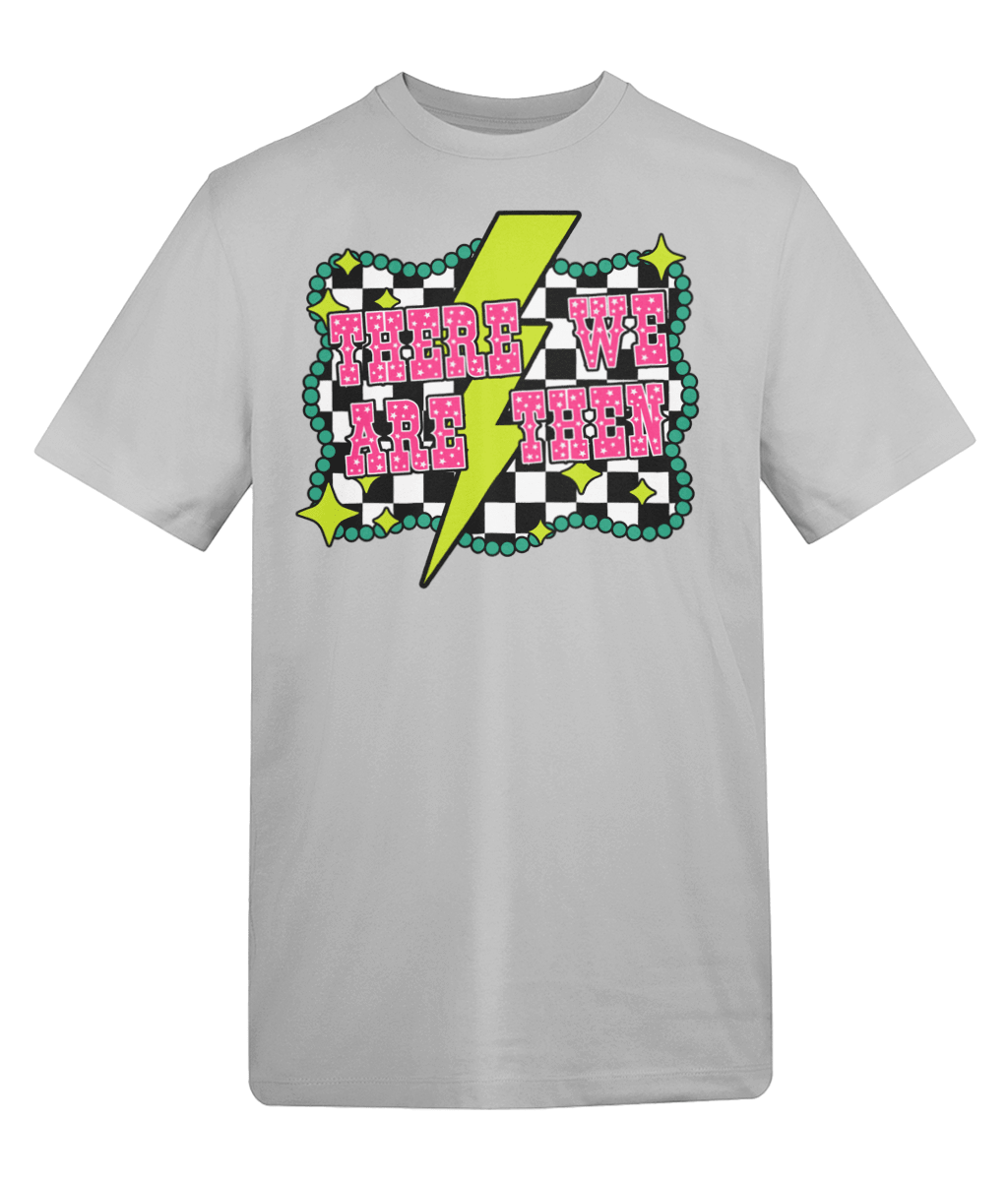 a white t-shirt with pink and black text