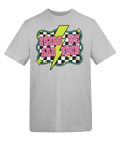 a white t-shirt with pink and black text