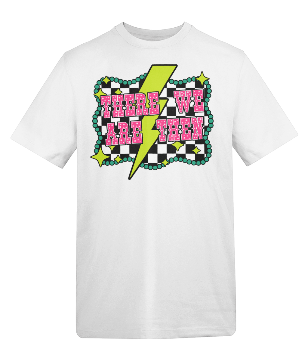 a white t-shirt with pink and black text