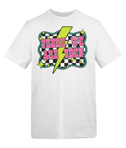 a white t-shirt with pink and black text