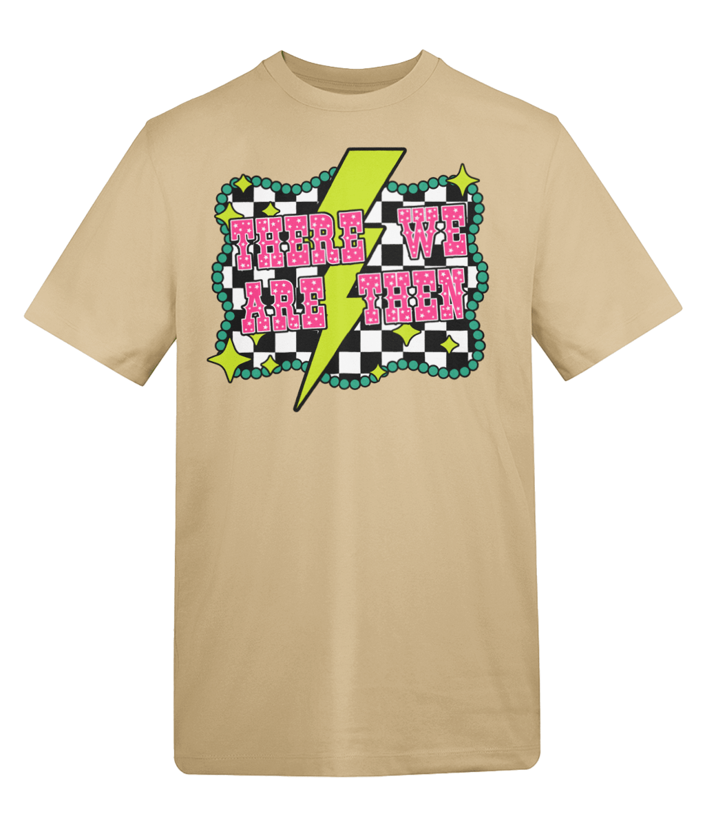 a tan t-shirt with pink and black text