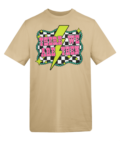 a tan t-shirt with pink and black text