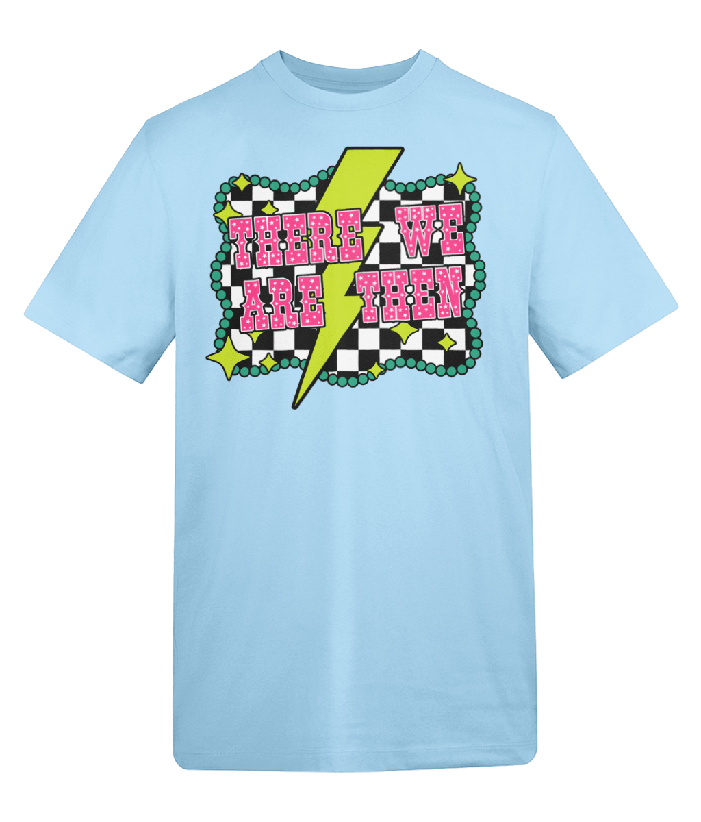 a light blue t-shirt with pink and black text