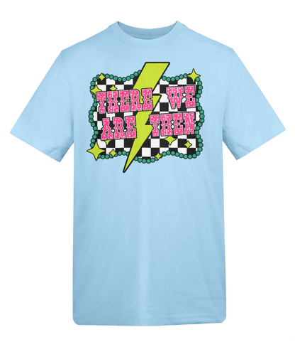 a light blue t-shirt with pink and black text