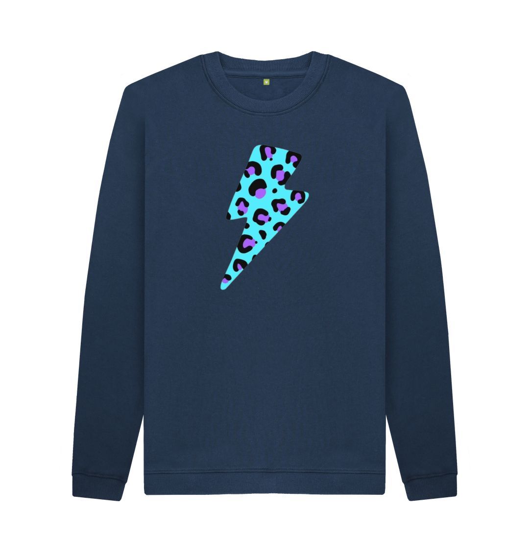 Navy Blue Unisex Blue leopard print lightning bolt sweater