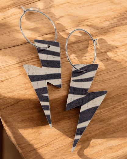 Zebra print cork lightning bolt hoop earrings - Trend Tonic