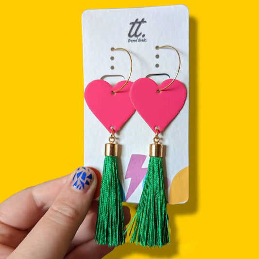 Neon pink and gold green tassel earrings - Trend Tonic  - festival earrings 