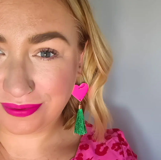 Neon pink and gold green tassel earrings - Trend Tonic 