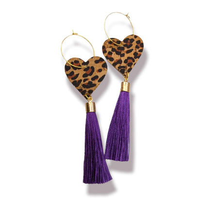 Cheetah heart and purple tassel earrings - Trend Tonic