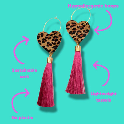 Leopard print heart and bright pink tassel earrings - Trend Tonic