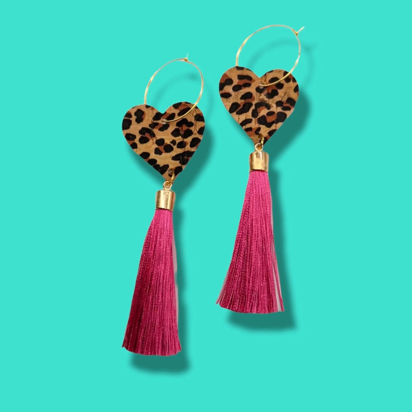Leopard print heart and bright pink tassel earrings - Trend Tonic