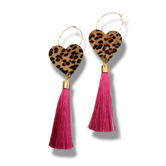 Leopard print heart and bright pink tassel earrings - Trend Tonic