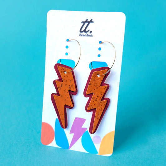 Orange and pink cork lightning bolt hoop earrings - Trend Tonic